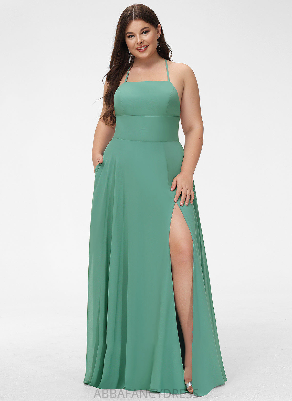 Front Sophie Pockets Square Prom Dresses With Split Chiffon Floor-Length A-Line Neckline