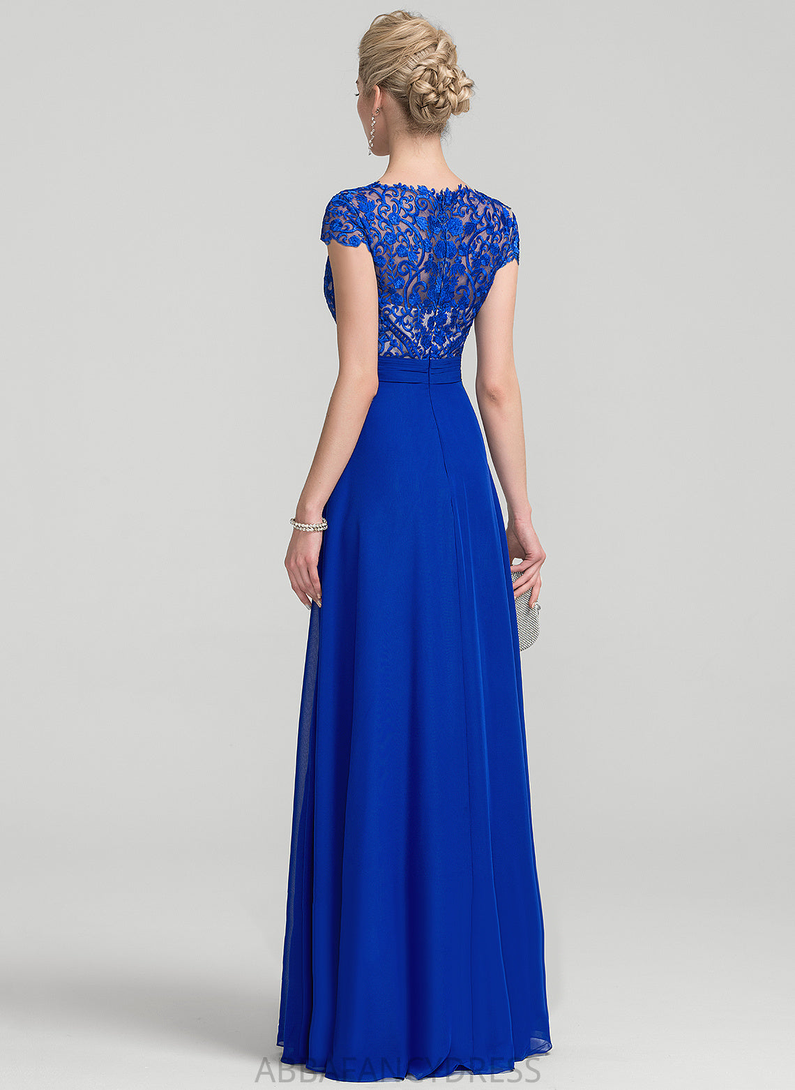 Chiffon Laci With Floor-Length V-neck Lace Prom Dresses A-Line Ruffle