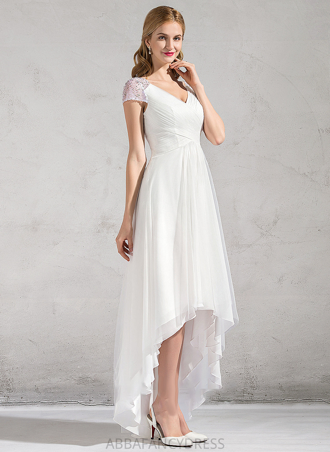 Sequins A-Line Asymmetrical Ruffle Wedding Wedding Dresses Karen Tulle Dress V-neck With Beading