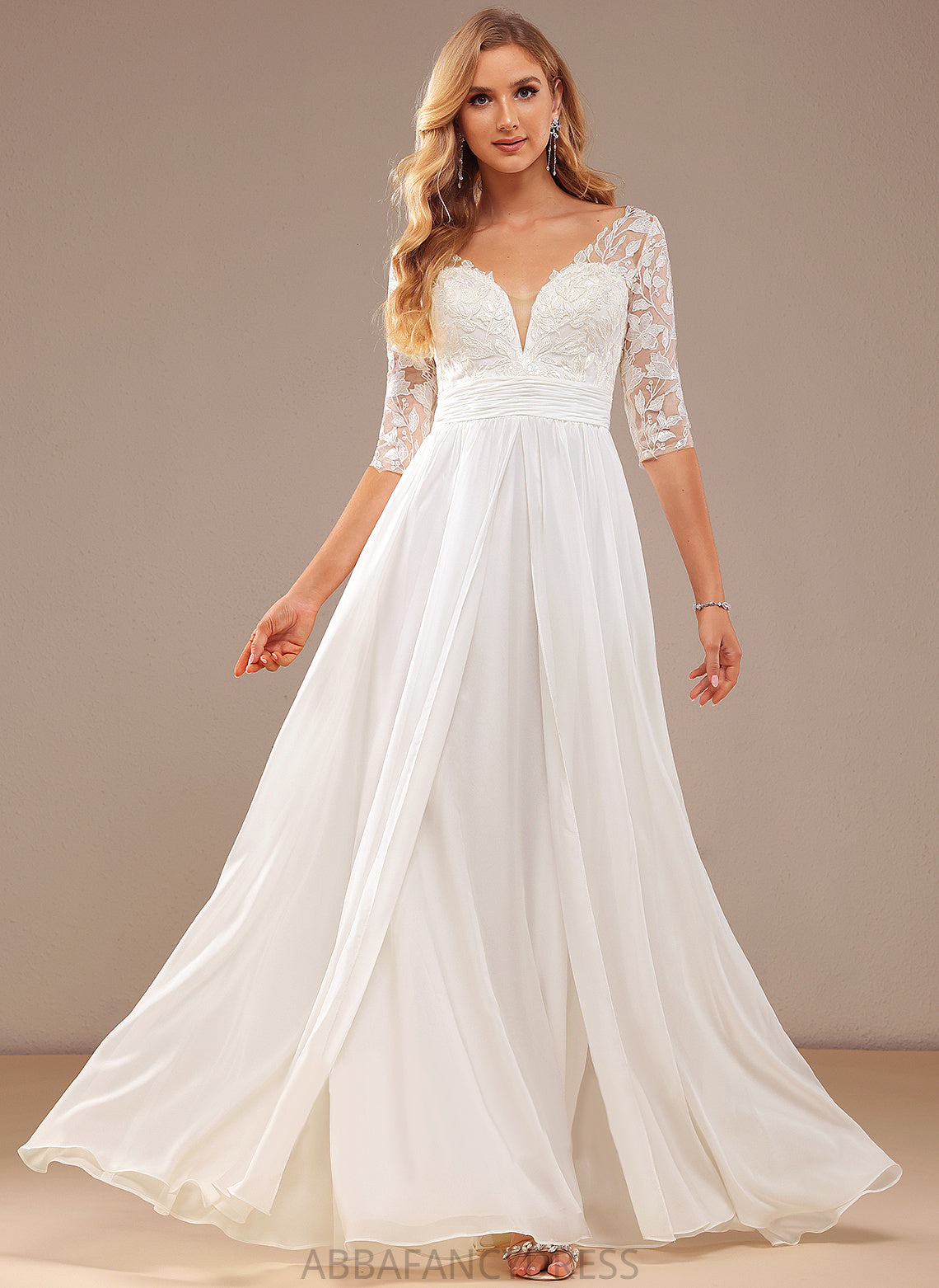 Sequins Lace Dress V-neck Wedding A-Line Chiffon With Ruffle Wedding Dresses Annie Floor-Length