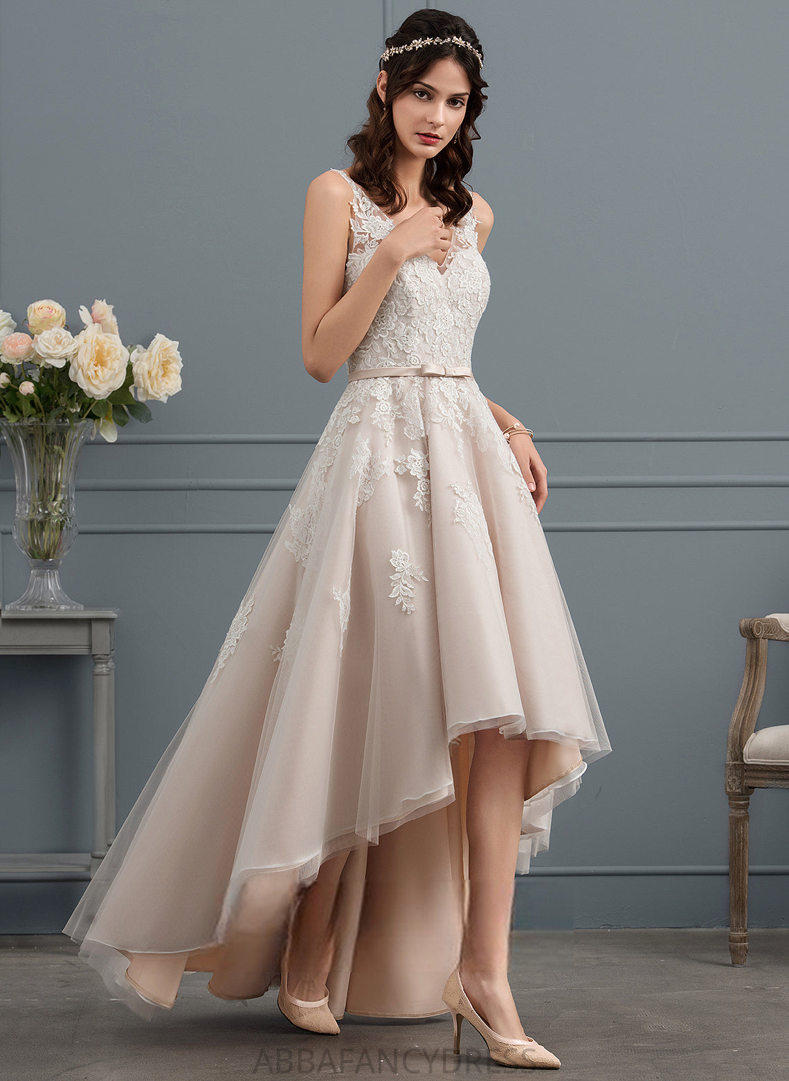 A-Line Sienna Satin Asymmetrical With Lace Wedding Dresses Tulle Dress Bow(s) V-neck Wedding