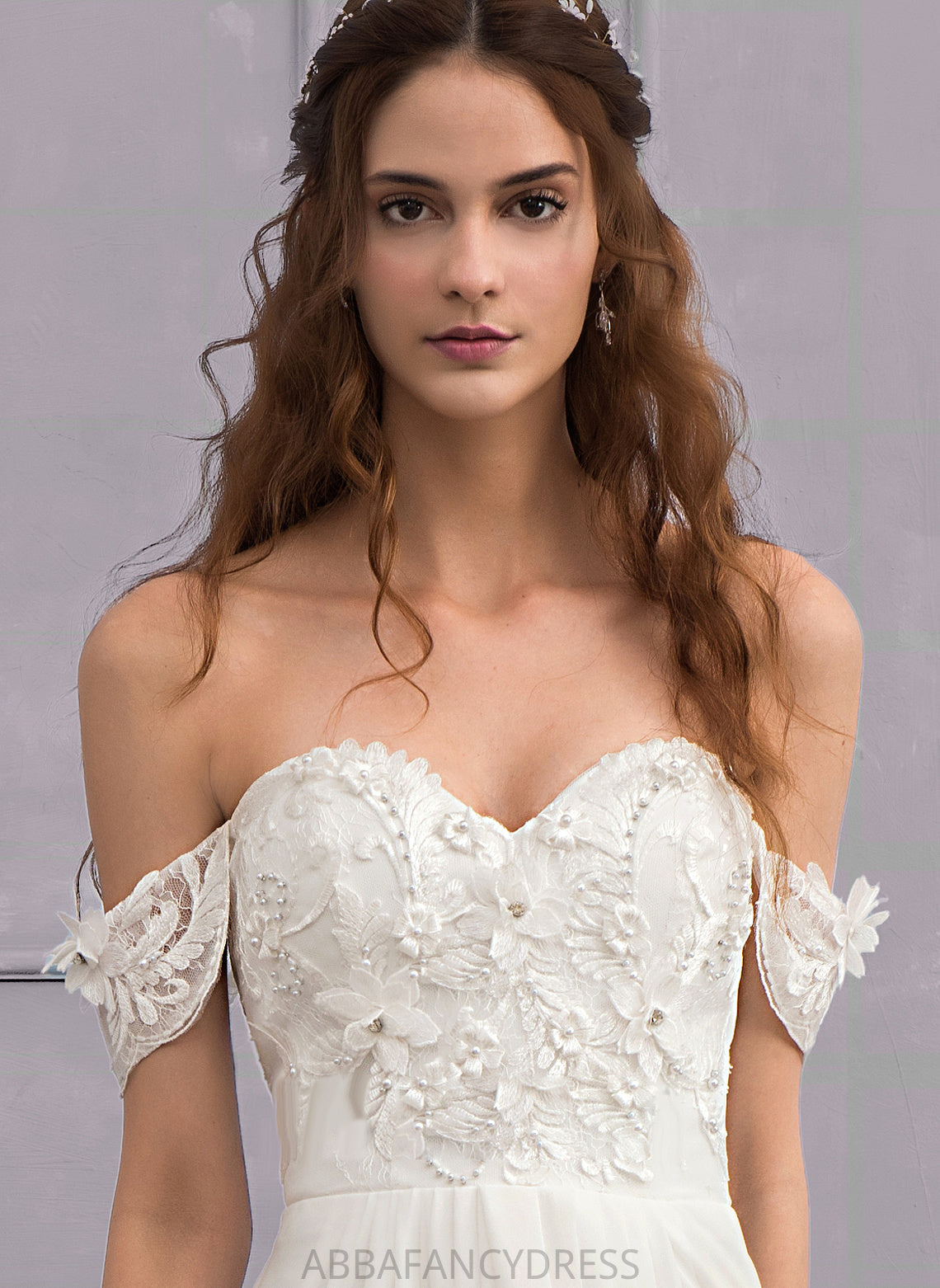 Lace Train Flower(s) With Wedding Wedding Dresses Chiffon Dress Annabel Off-the-Shoulder A-Line Beading Sweep