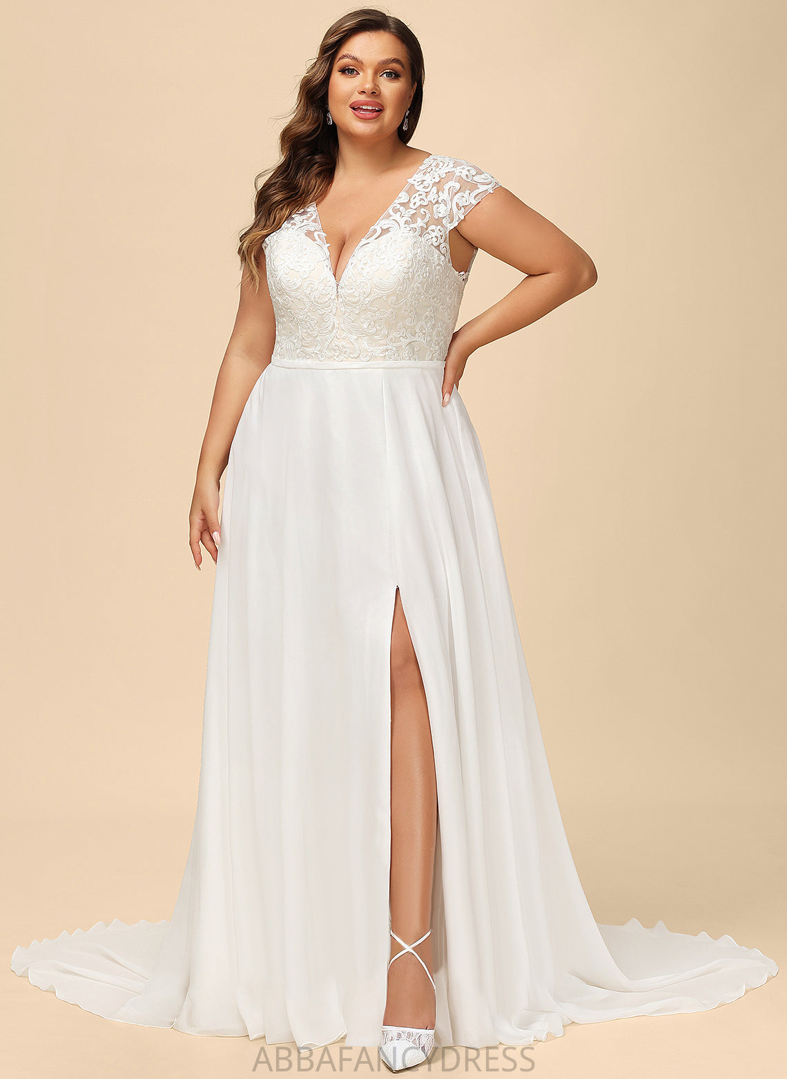 With Split A-Line Train Wedding Dresses Lace Wedding Front Sweep Dress Chiffon V-neck Fatima