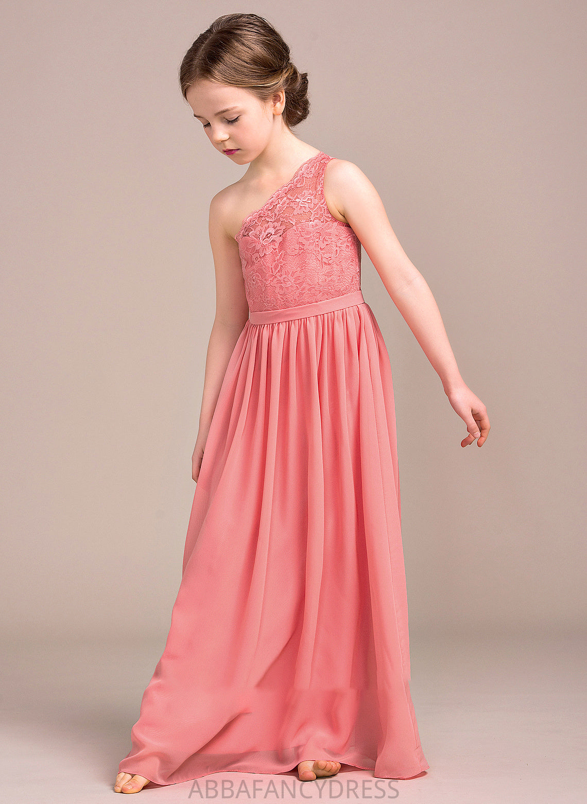 Libby A-Line One-Shoulder Lace Floor-Length Chiffon Junior Bridesmaid Dresses