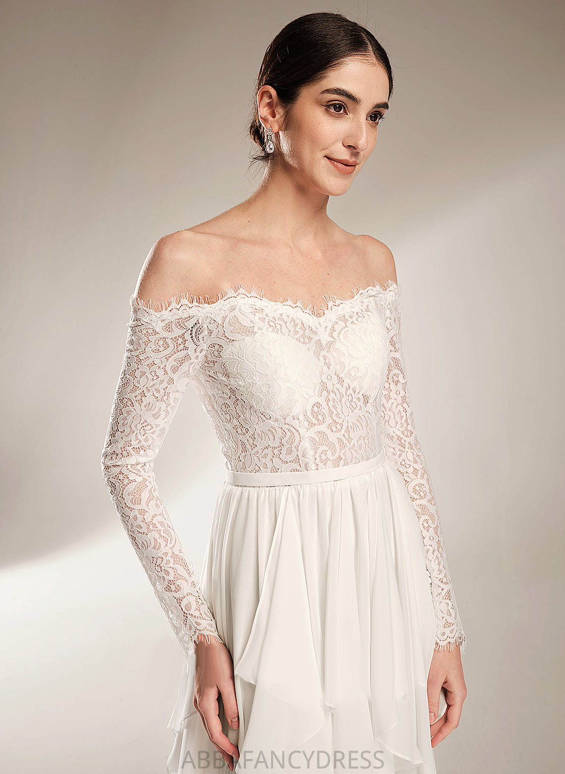 Wedding Dresses A-Line Wedding Train Chiffon Lace Nell Court Off-the-Shoulder With Dress Ruffle