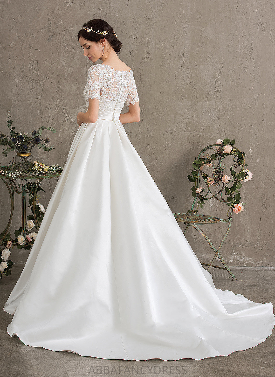 Ball-Gown/Princess With Scoop Miriam Train Wedding Dresses Neck Sequins Pockets Beading Wedding Satin Court Dress