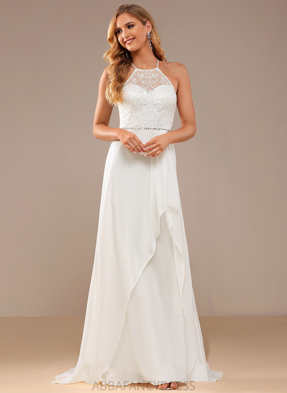 A-Line Chiffon With High Train Neck Dress Wedding Lace Lace Sweep Ruth Sequins Beading Wedding Dresses