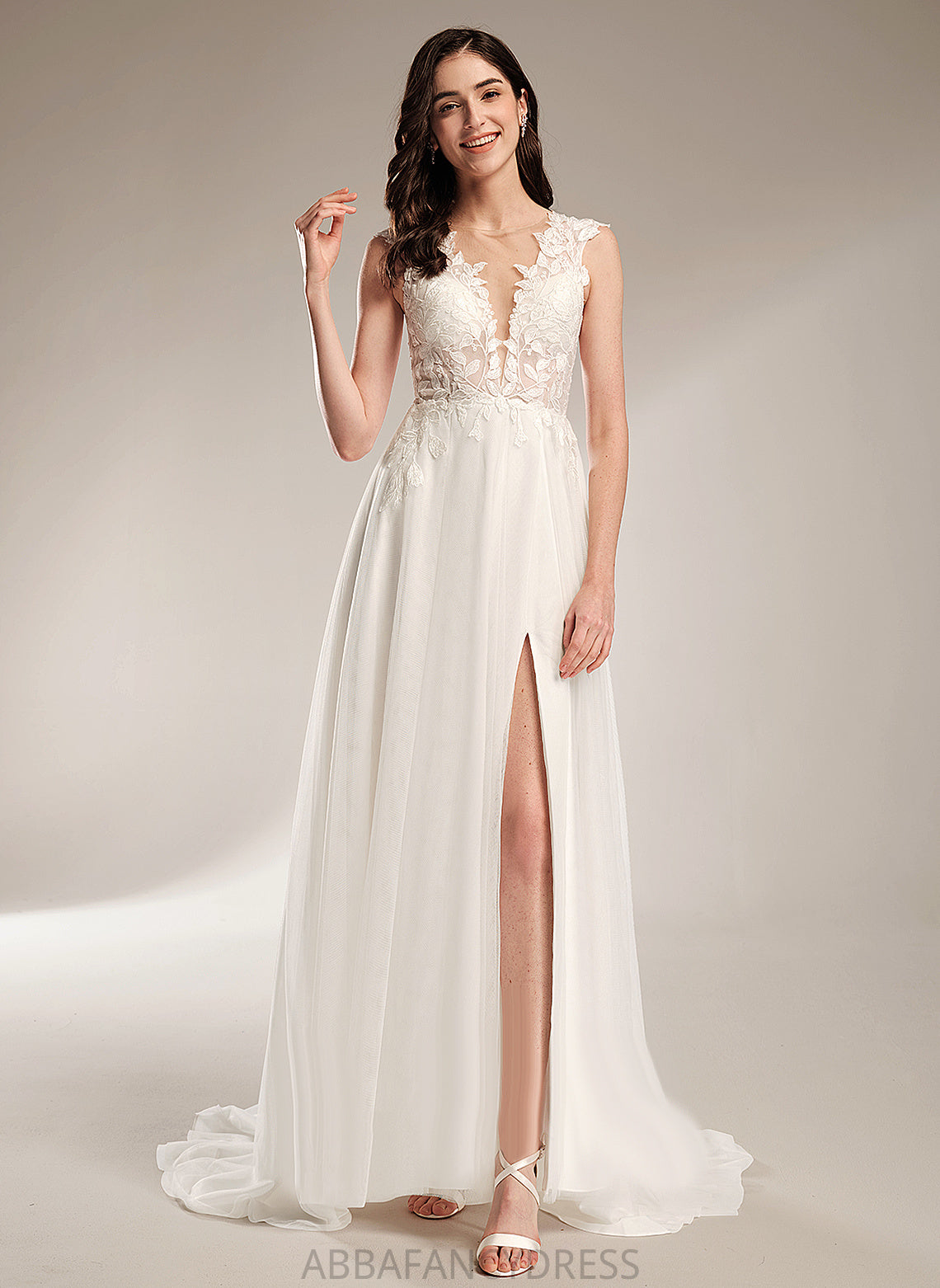 Lace With Wedding Train V-neck Sequins Marcie Tulle Dress Wedding Dresses Court A-Line