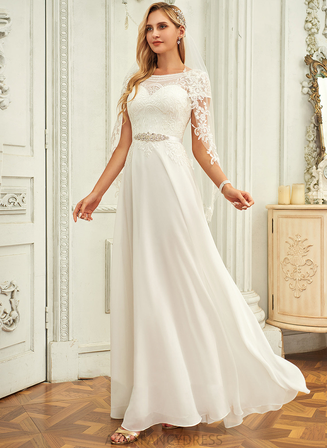 With Sequins Wedding Wedding Dresses Lace Floor-Length Neck Dress Scoop Rhianna Chiffon