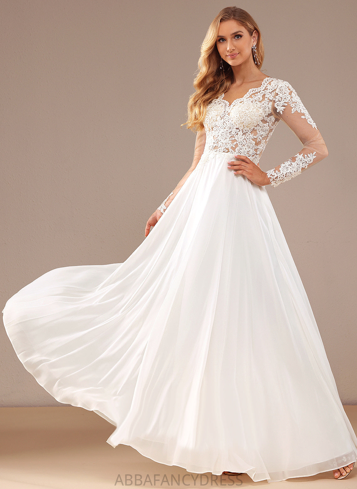 Floor-Length Abbigail Chiffon A-Line Wedding V-neck Sequins Wedding Dresses With Dress Lace