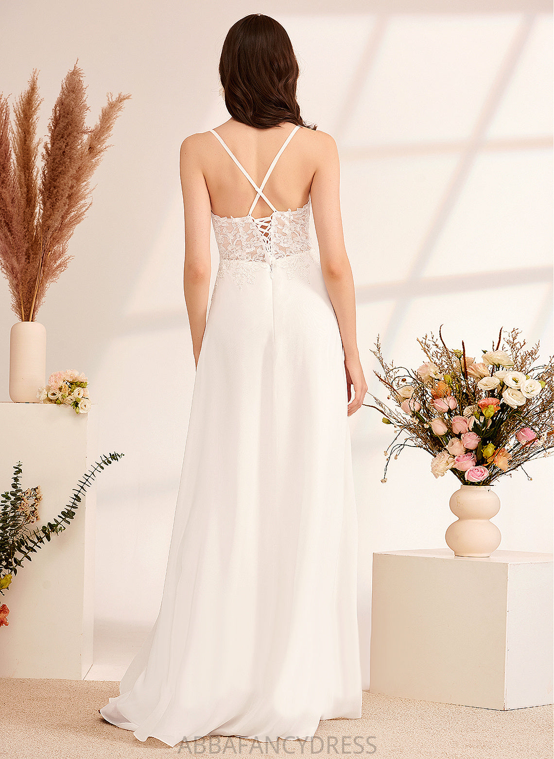 Adelyn Wedding Dress V-neck Lace Wedding Dresses Sequins Floor-Length With A-Line Chiffon