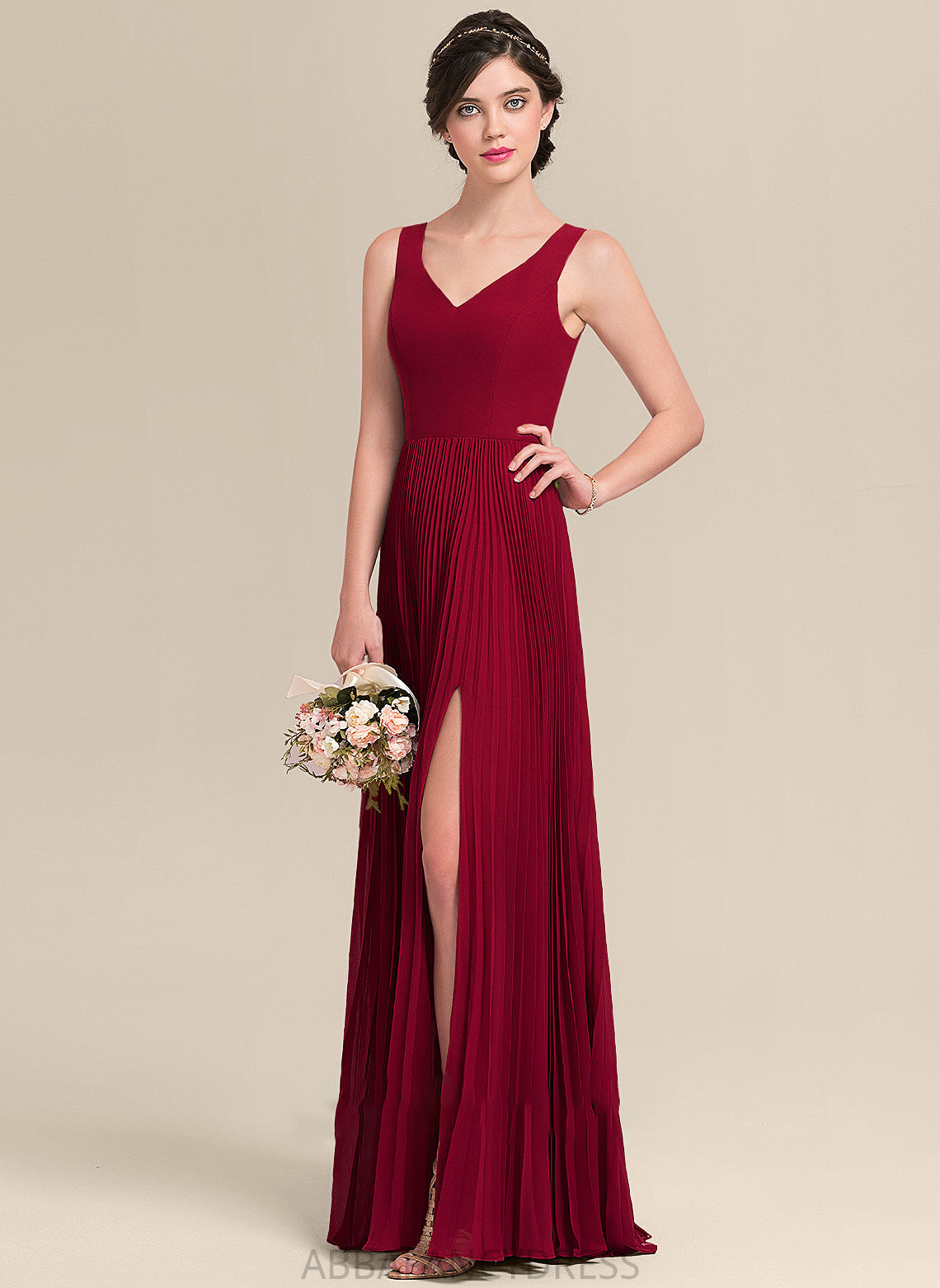 Fabric Silhouette Length A-Line Floor-Length SplitFront Embellishment Neckline Pleated V-neck Shiloh Sheath/Column