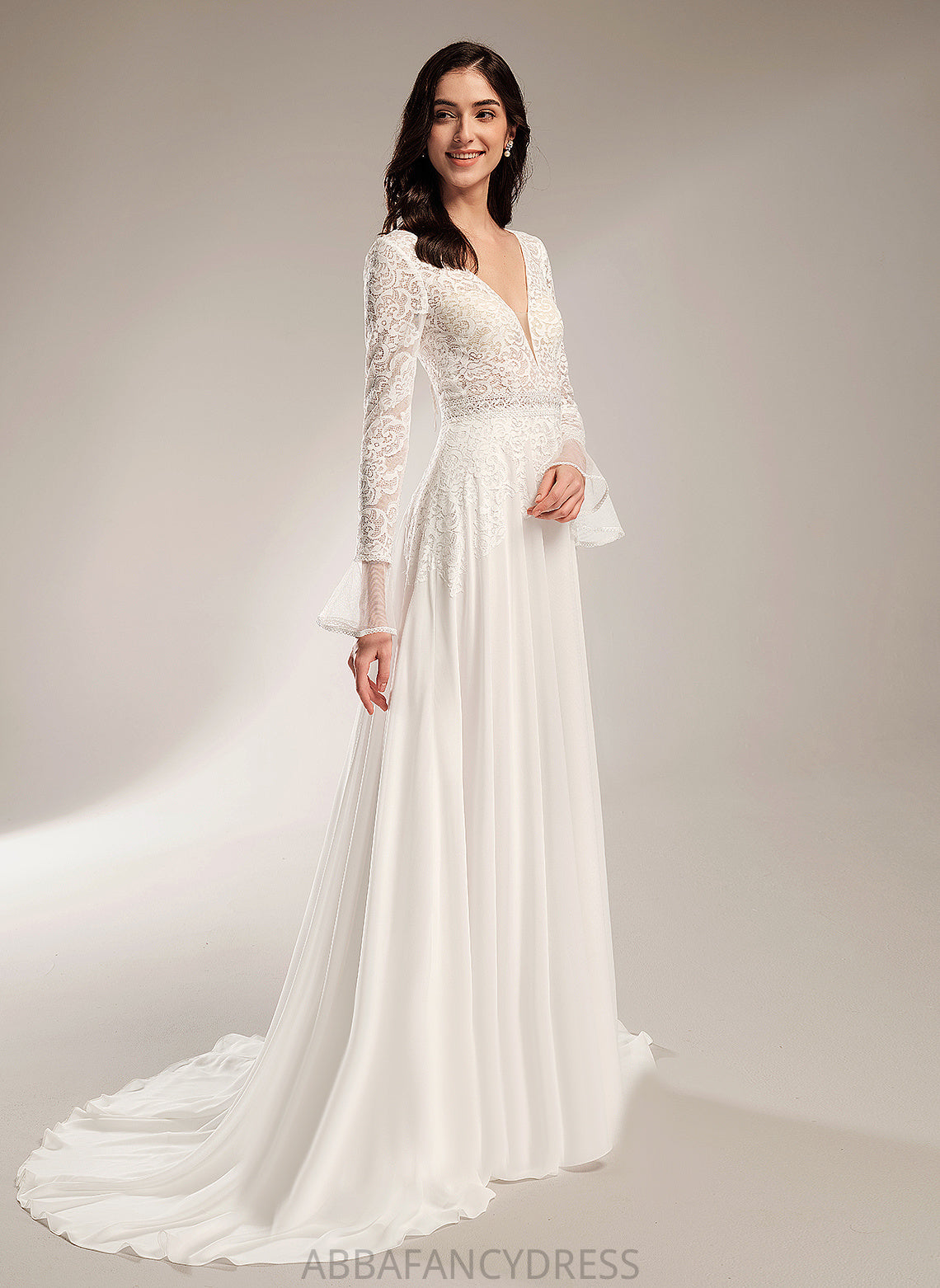 Wedding With Dress Train Wedding Dresses Lace V-neck A-Line Ruffle Court Zariah Chiffon