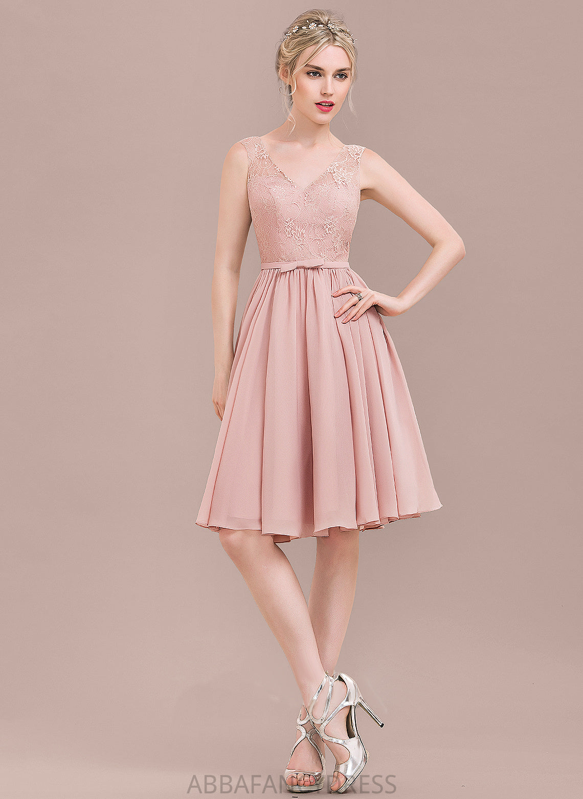 A-Line Lace Lace Knee-Length With Dress Bow(s) Homecoming Homecoming Dresses Chiffon Maia V-neck