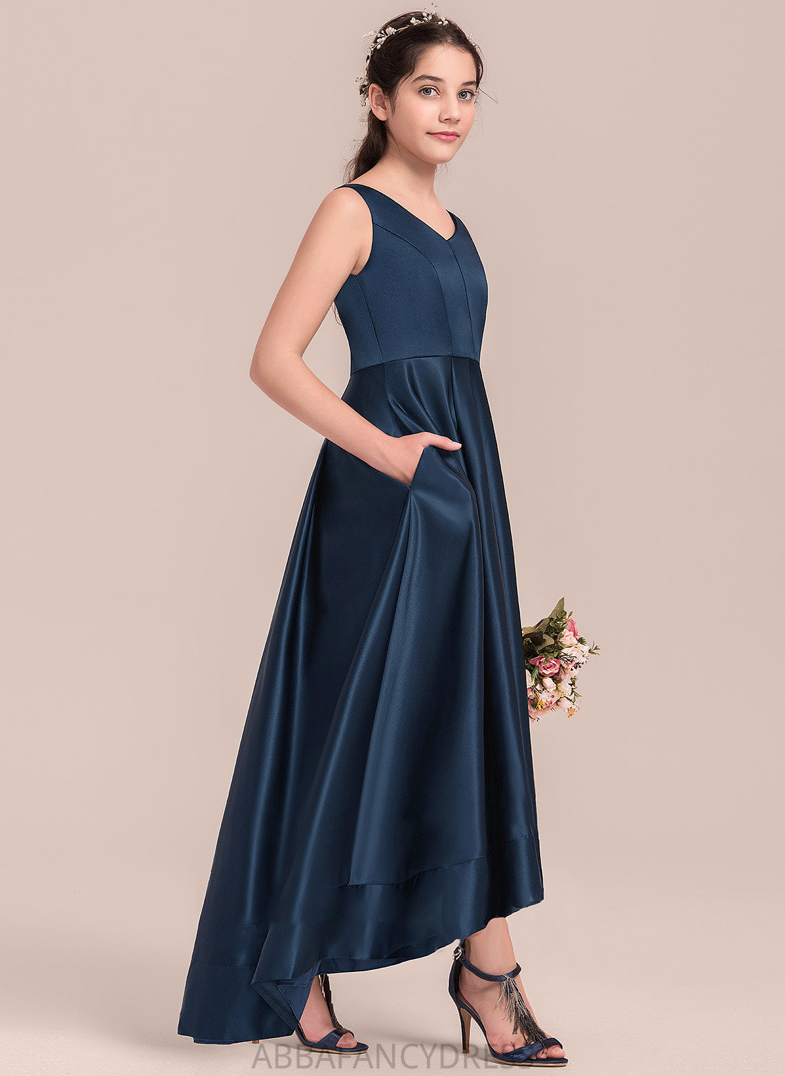 Kristina Junior Bridesmaid Dresses Satin V-neck Asymmetrical A-Line