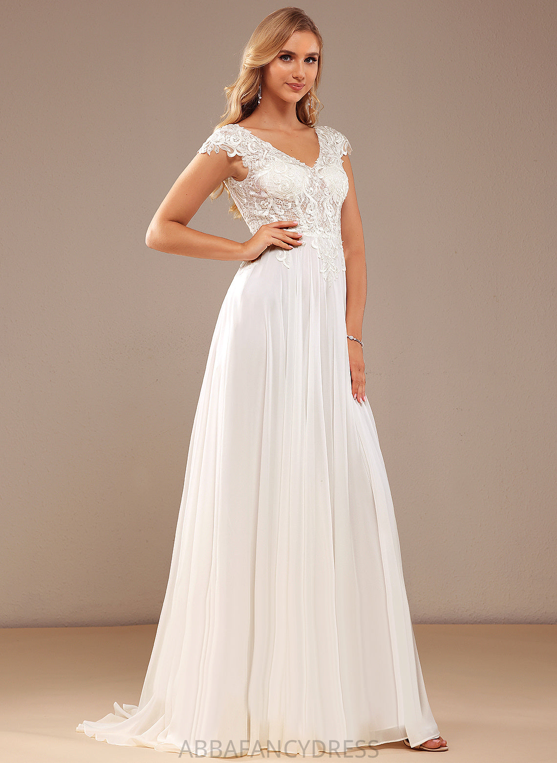 Wedding Dresses Lace Wedding Kamari With Lace V-neck Train A-Line Chiffon Dress Sweep