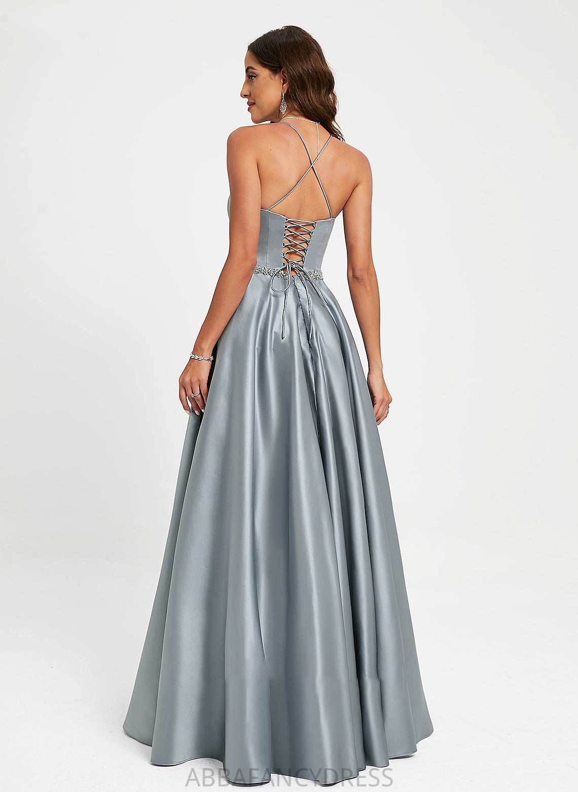 With A-Line Satin Scoop Beading Neck Floor-Length Prom Dresses Carlie