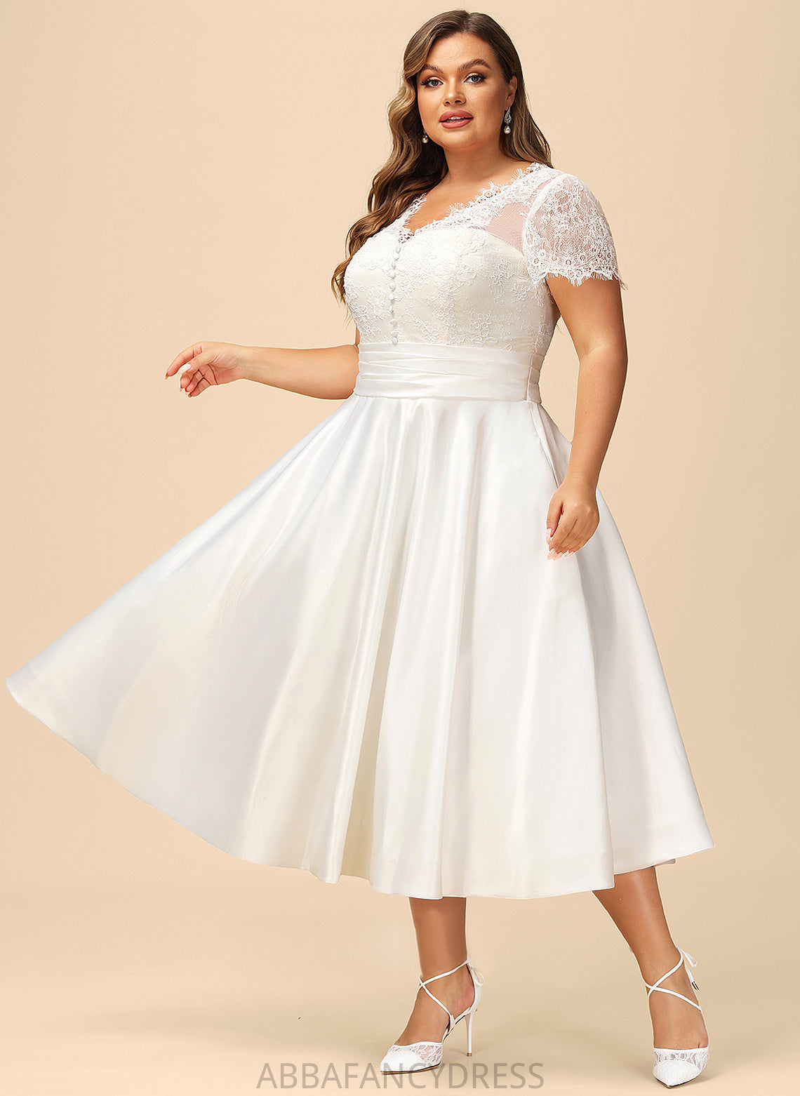 Satin Dress With Wedding A-Line Sophia Tea-Length Wedding Dresses Pockets Lace Ruffle V-neck