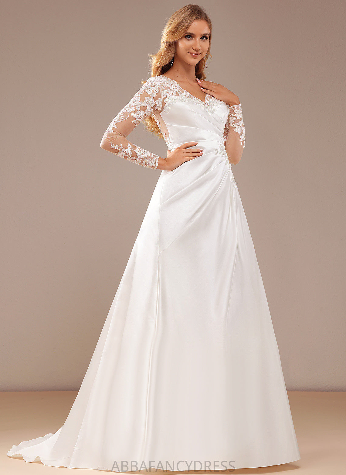 V-neck Satin With Sequins Train Wedding Lace Lace Dress Wedding Dresses Zoie Court A-Line