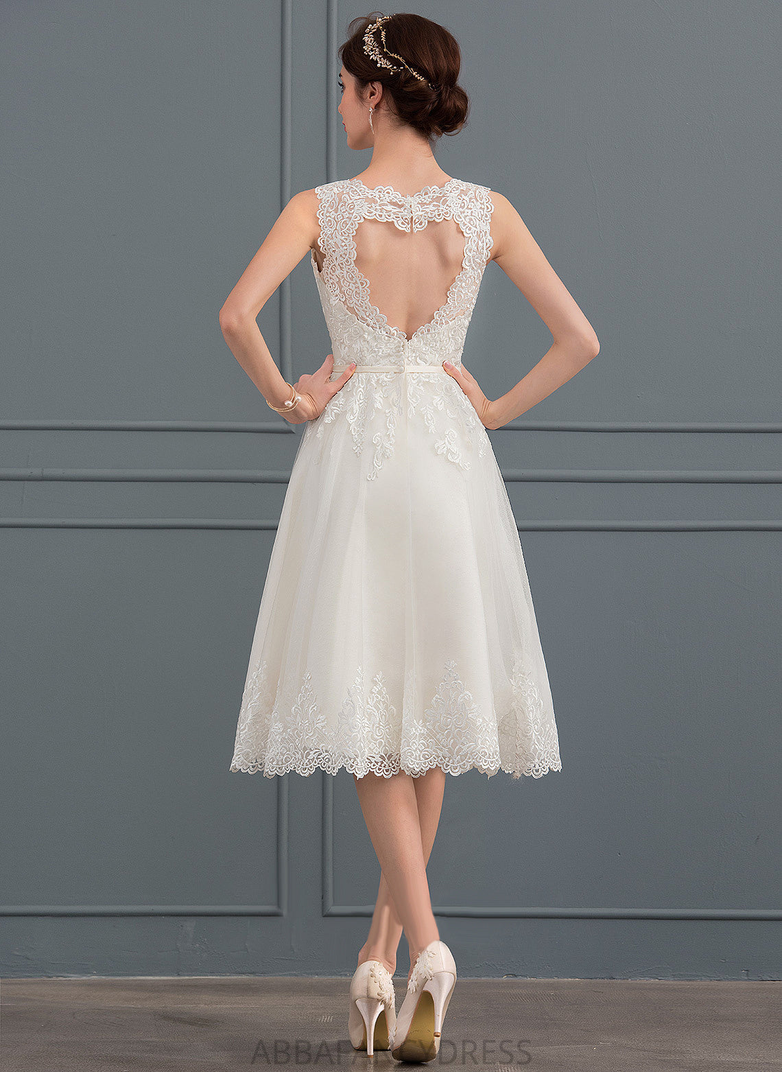 Helena A-Line Wedding Dresses Tulle Wedding Illusion With Dress Satin Bow(s) Knee-Length Lace