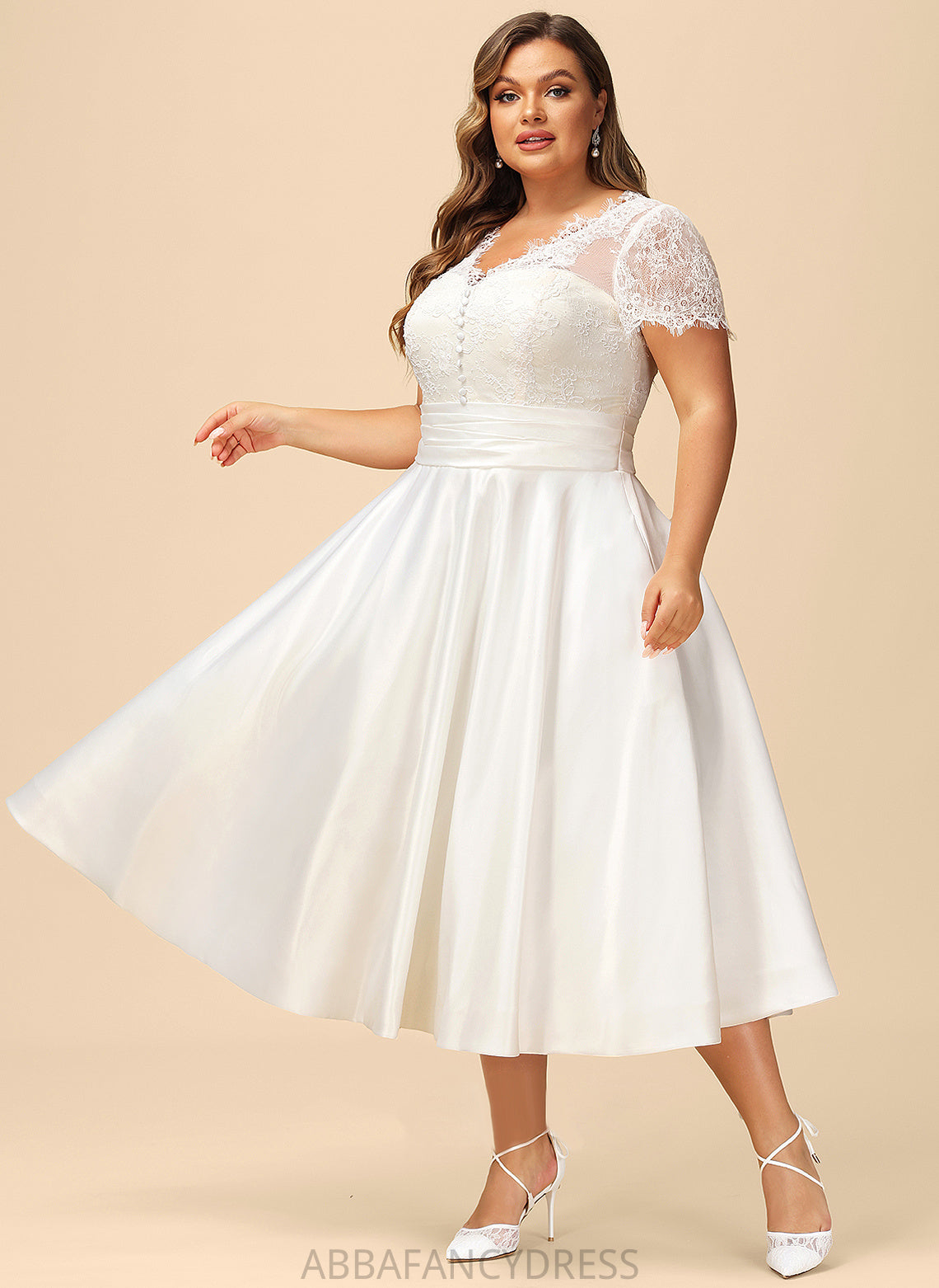 Ruffle Dress Tea-Length Lace With Emelia Wedding Dresses Wedding A-Line V-neck Satin