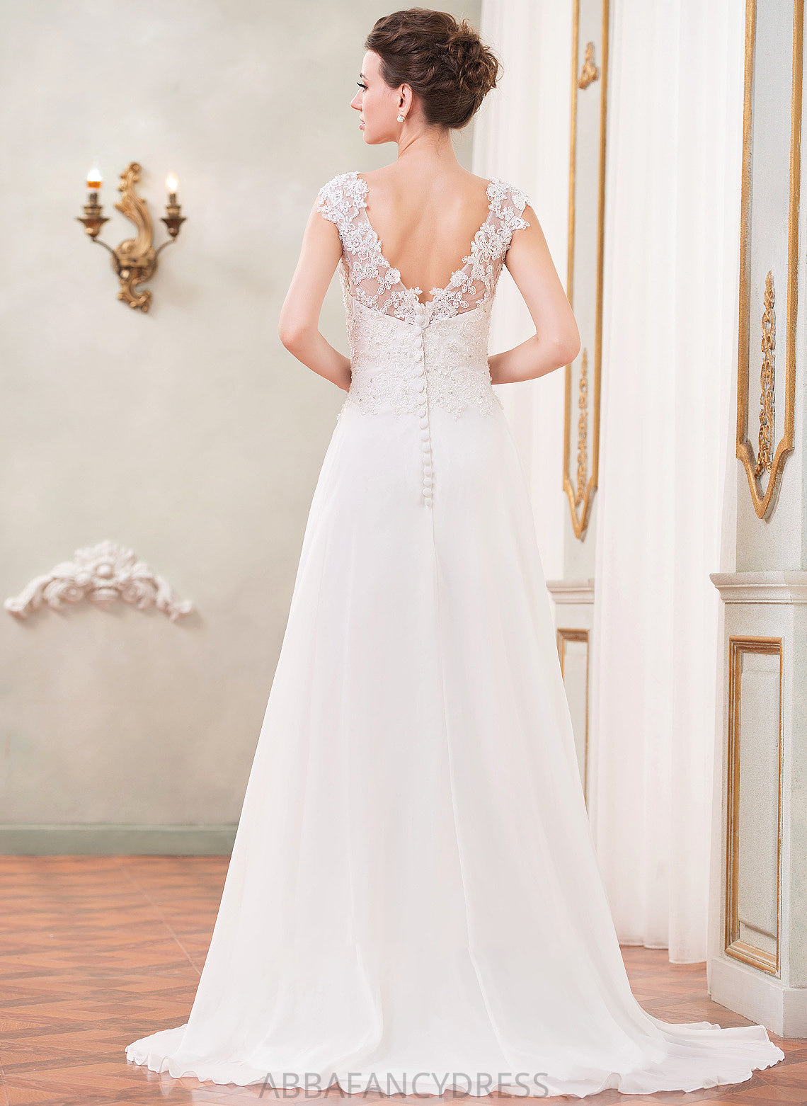 Beading Dress V-neck Chiffon Wedding A-Line Alina Wedding Dresses Sequins Train With Lace Sweep