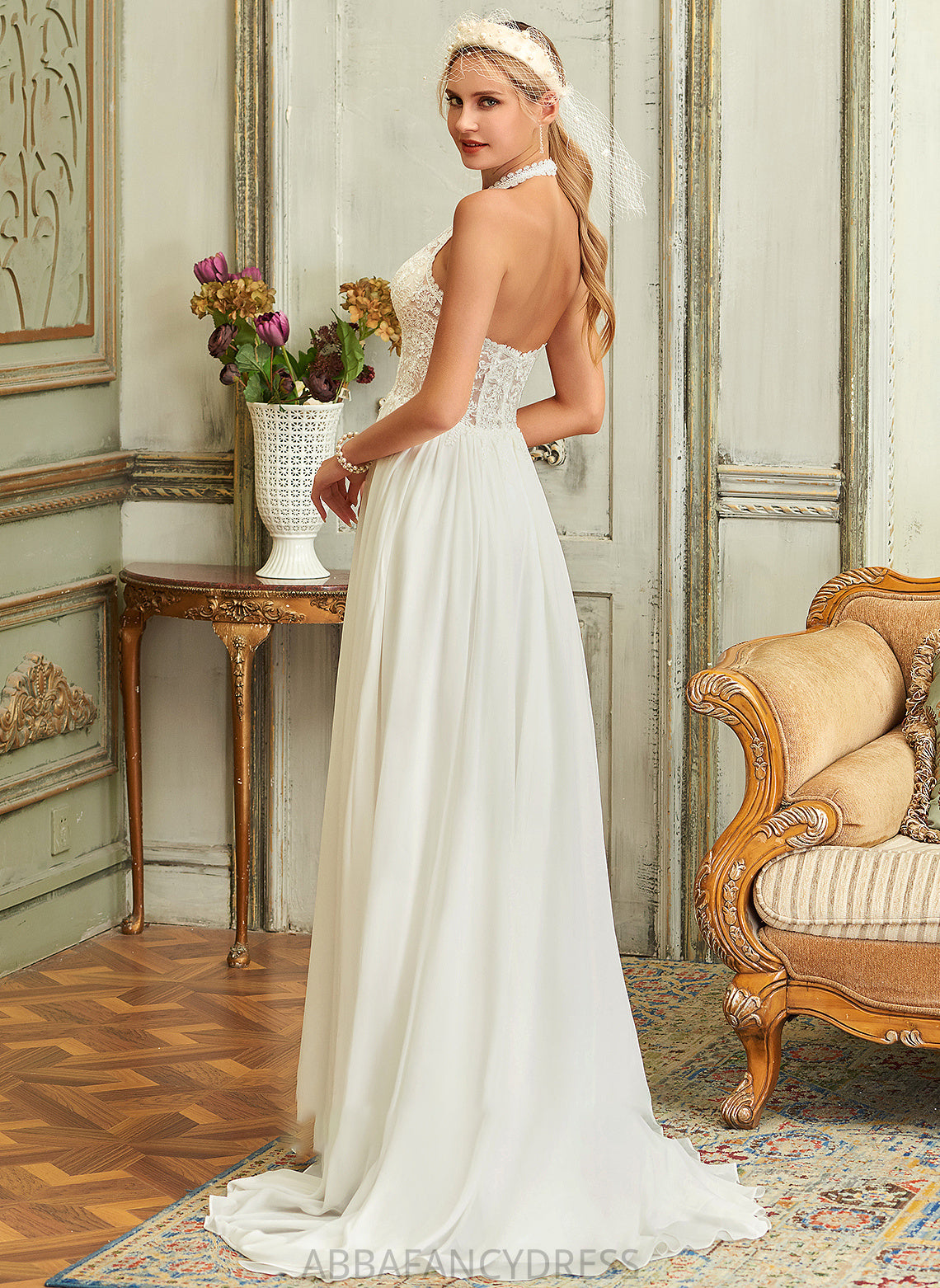 Chiffon Sweep Lace Dress Halter Wedding Dresses Train Wedding Neveah A-Line