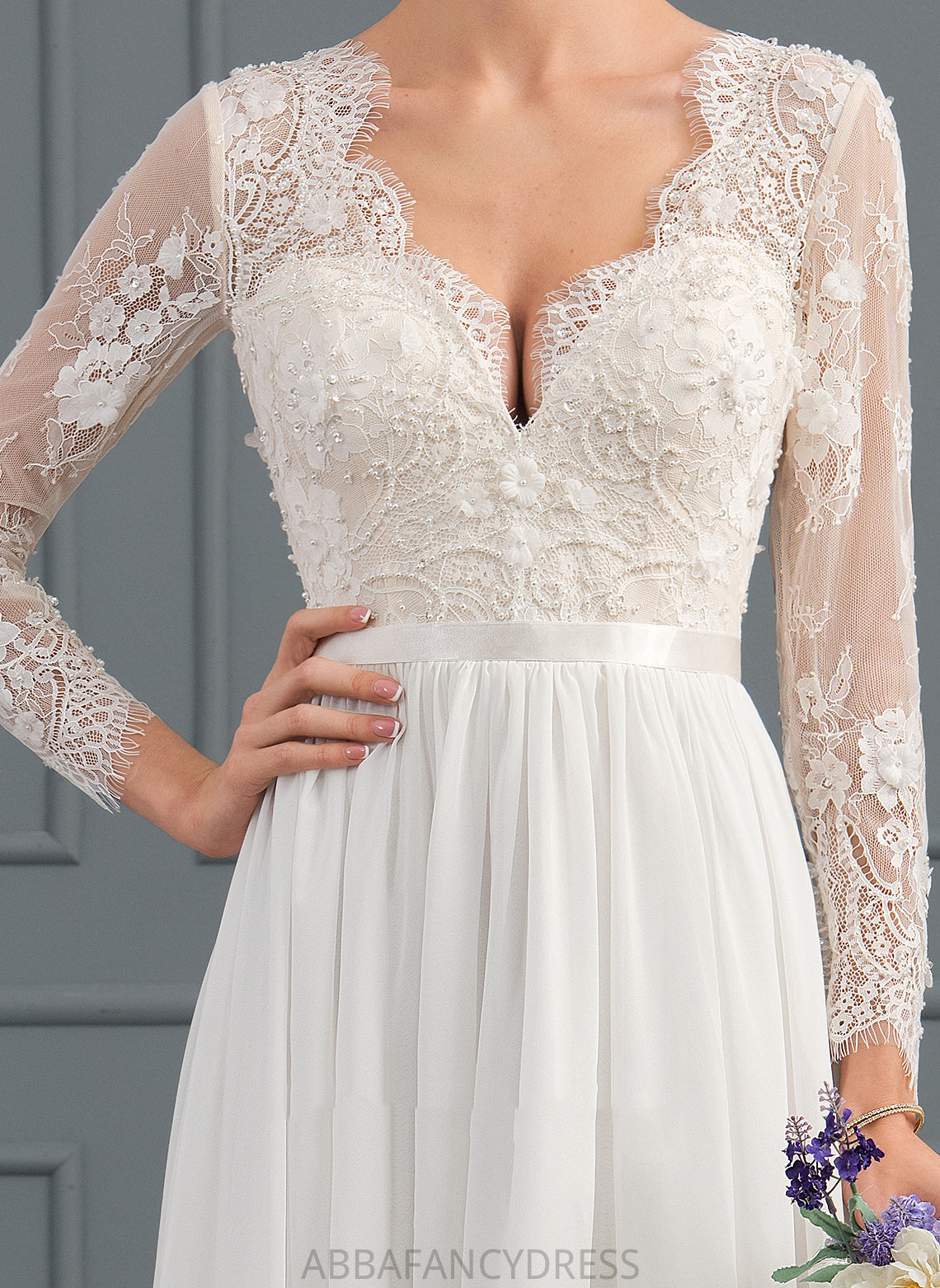 Chiffon A-Line Beading Dress With Wedding Dresses Train Sequins Lace Monique Wedding V-neck Sweep