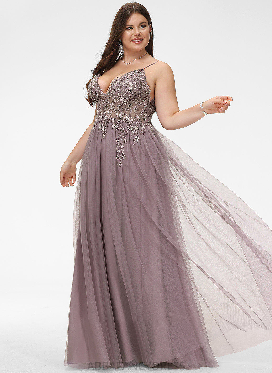 V-neck Lace Ball-Gown/Princess Floor-Length Sequins Janet Beading Prom Dresses Front With Split Tulle