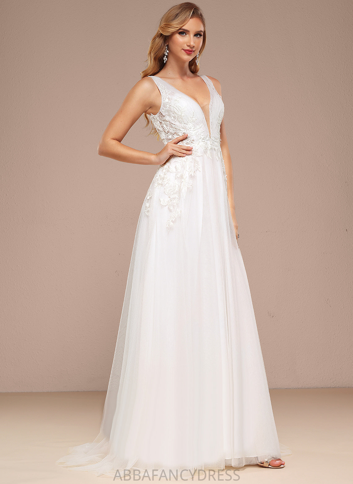 Dress Sequins A-Line Train V-neck Lace Sweep Tulle With Wedding Dresses Rhianna Wedding