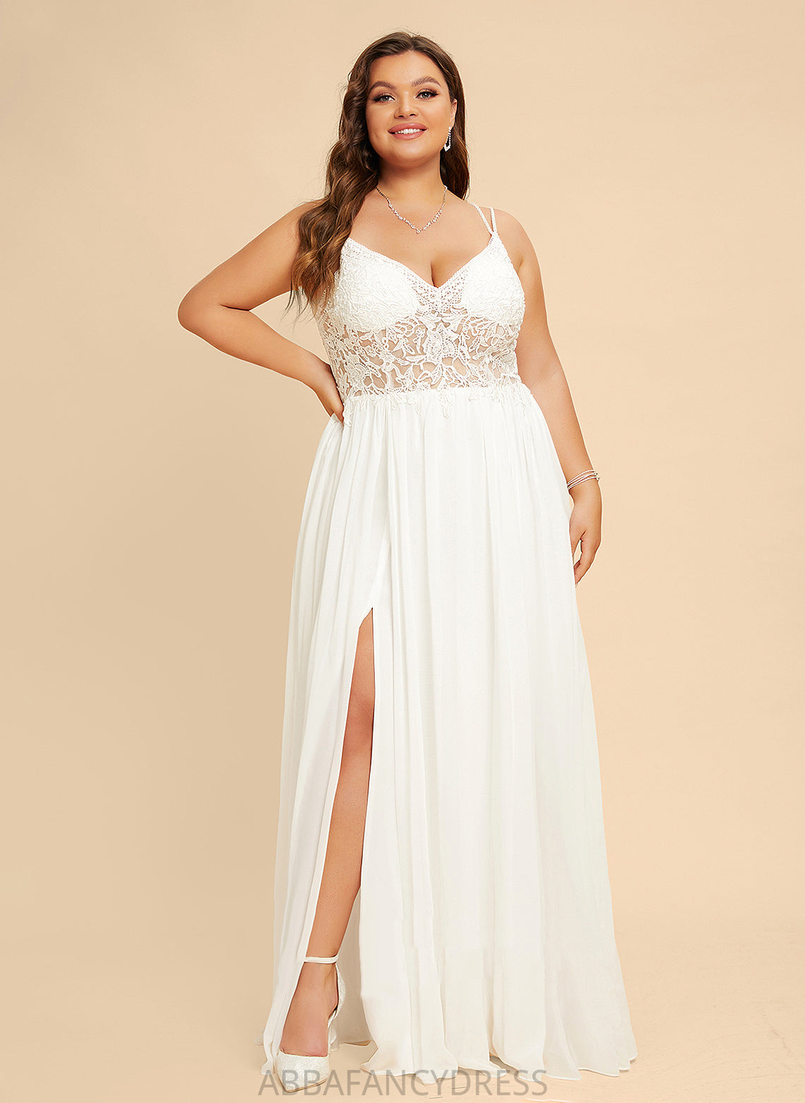 A-Line Lace Split Charlize Wedding With Floor-Length Dress Chiffon Front V-neck Beading Wedding Dresses