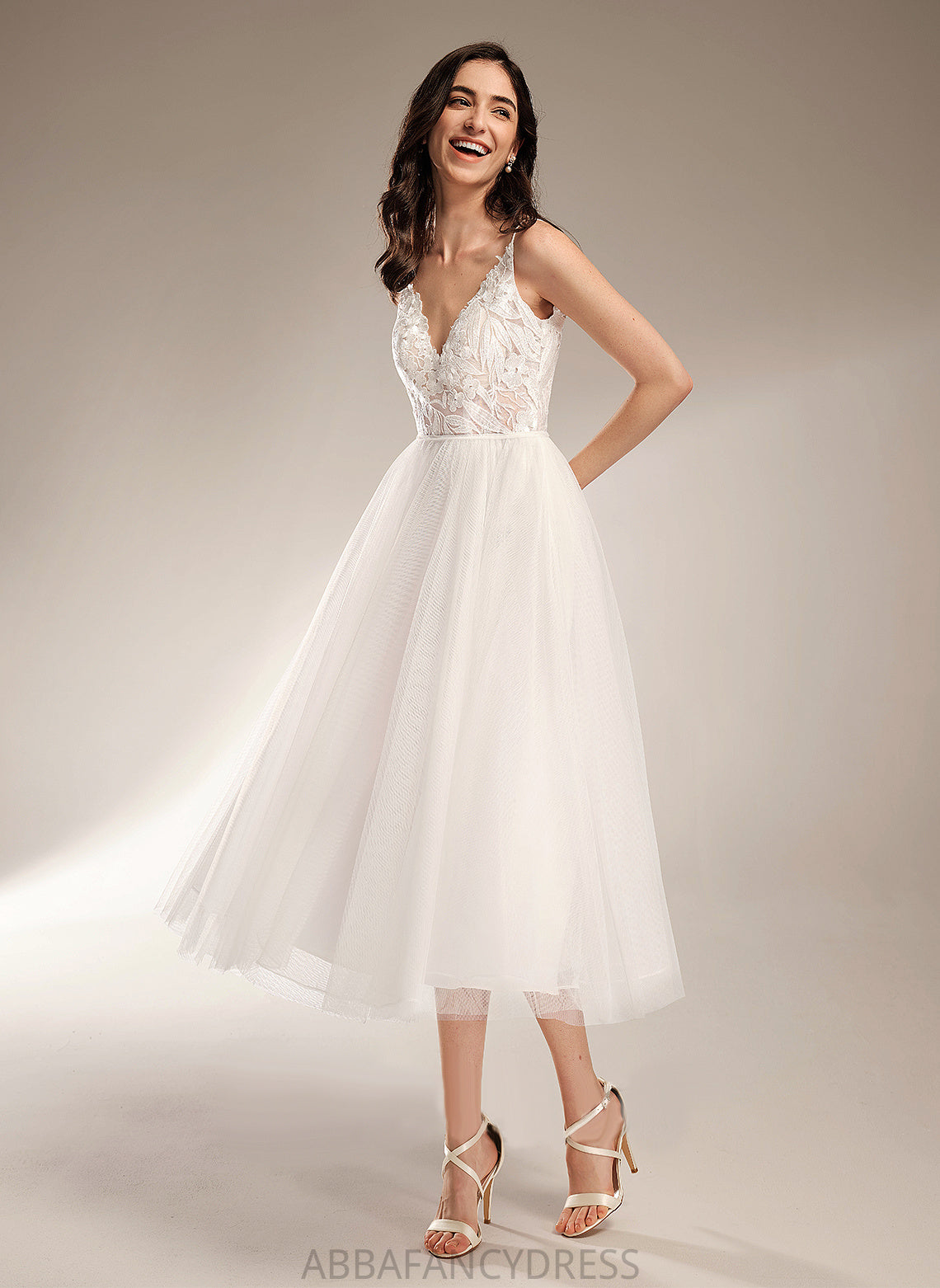 Lace A-Line Dress Tulle Tea-Length V-neck Kaylie Wedding Dresses Wedding