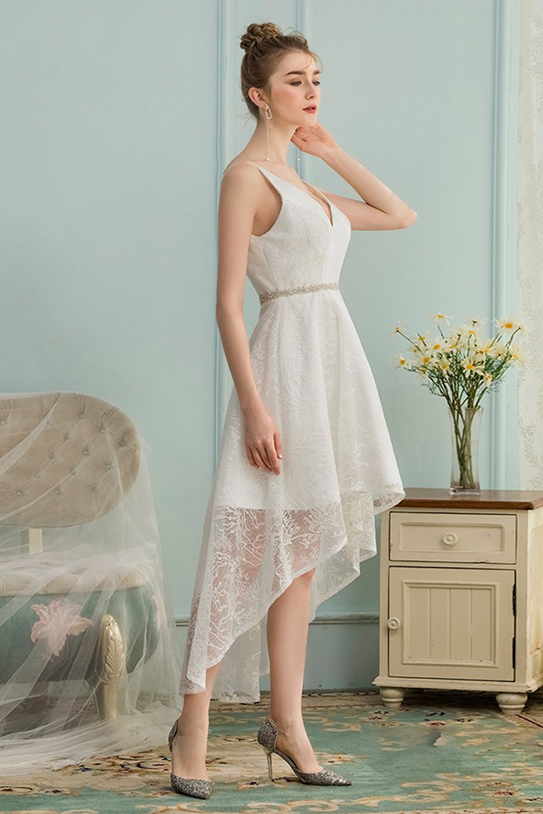Josie High Low V-Neck Asymmetrical Homecoming Dresses Ivory Lace