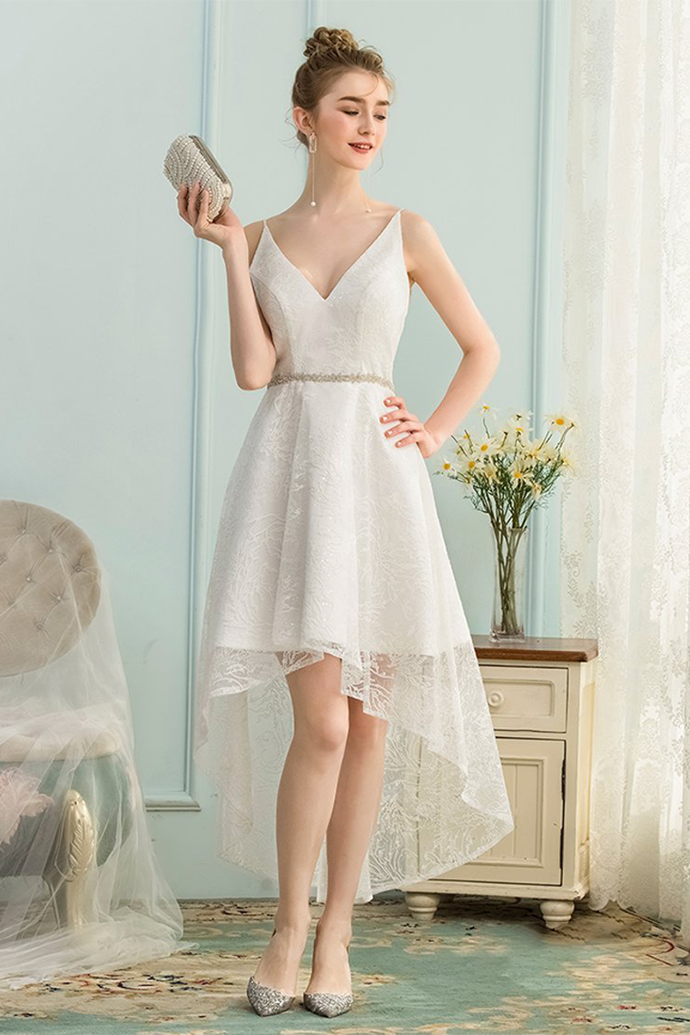 Josie High Low V-Neck Asymmetrical Homecoming Dresses Ivory Lace