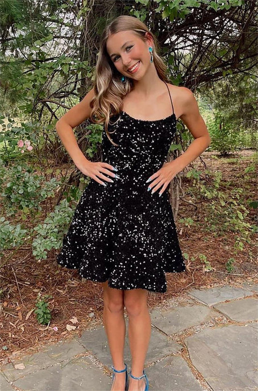 Charming Black A Line Sequins Short Homecoming Dresses