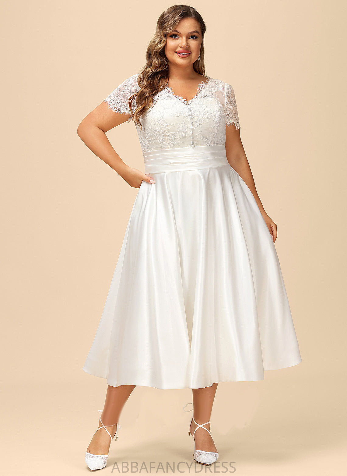 Satin Dress With Wedding A-Line Sophia Tea-Length Wedding Dresses Pockets Lace Ruffle V-neck