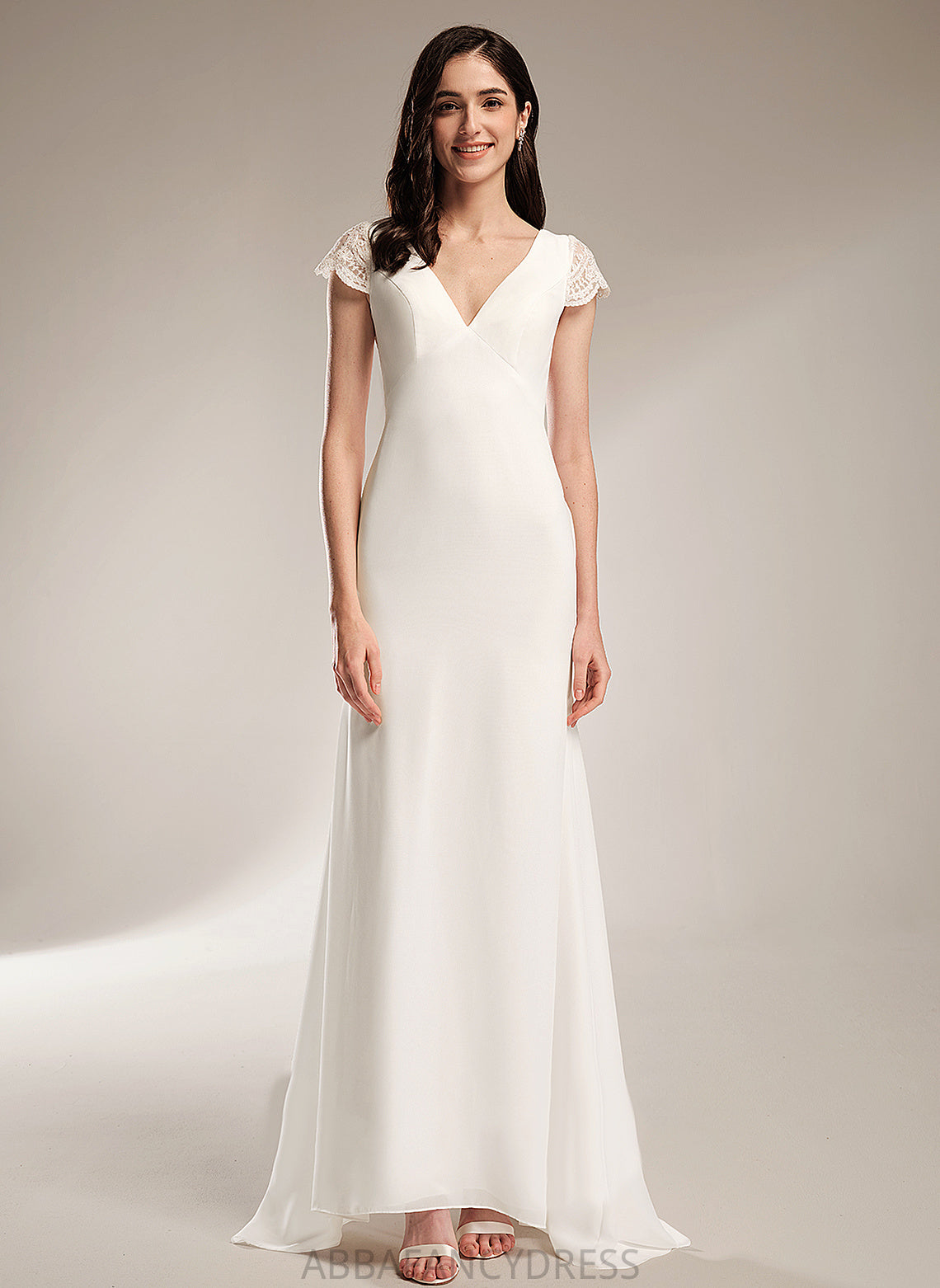 Wedding Dresses Train Dress Sheath/Column Wedding Magdalena Lace With V-neck Sweep Chiffon