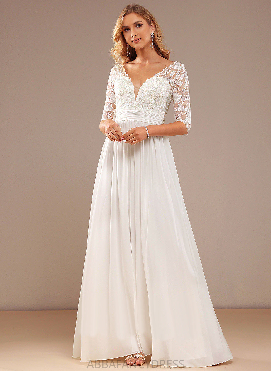 Lacey Wedding Dress A-Line Wedding Dresses With Sequins Ruffle Lace V-neck Lace Floor-Length Chiffon