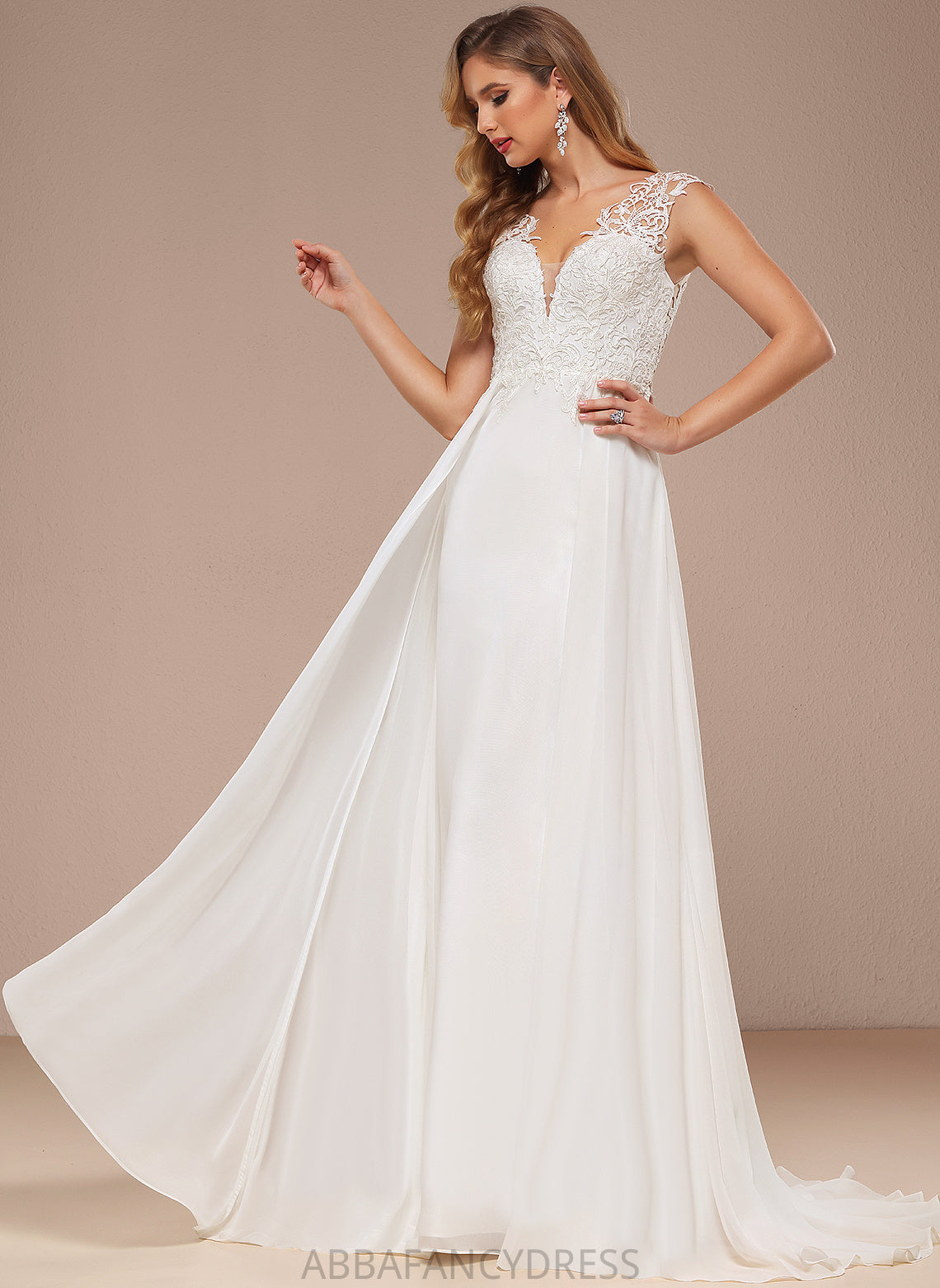 Wedding Dresses V-neck Lace Dress Kenley Chiffon A-Line Wedding Sweep Train