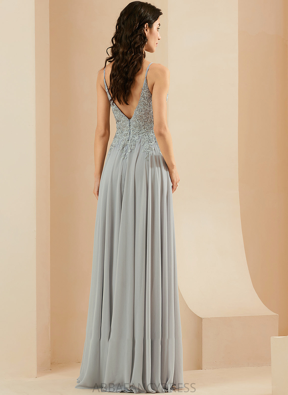 Lace Split Prom Dresses V-neck Megan With Floor-Length Chiffon Sequins A-Line Front