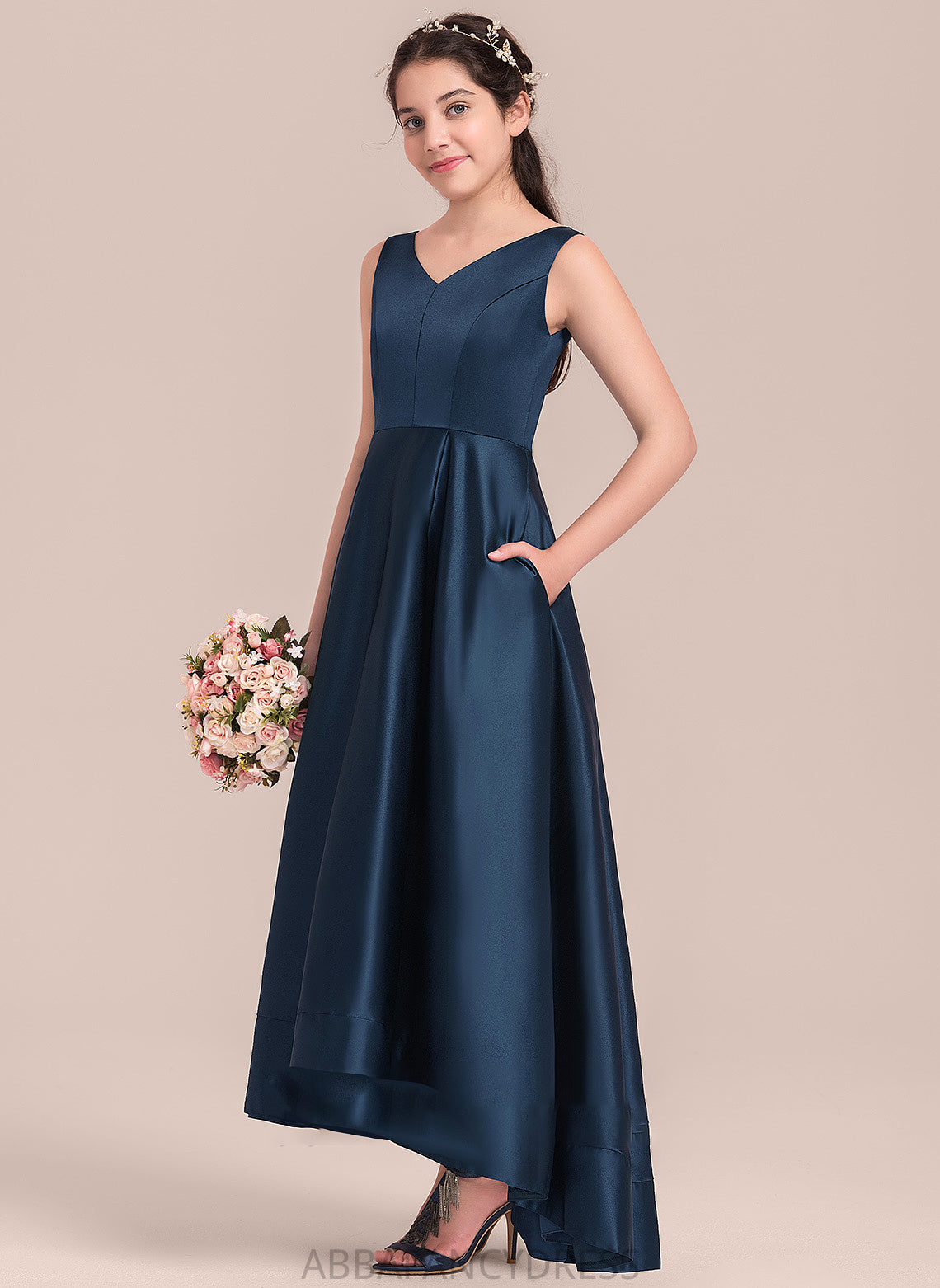 Kristina Junior Bridesmaid Dresses Satin V-neck Asymmetrical A-Line