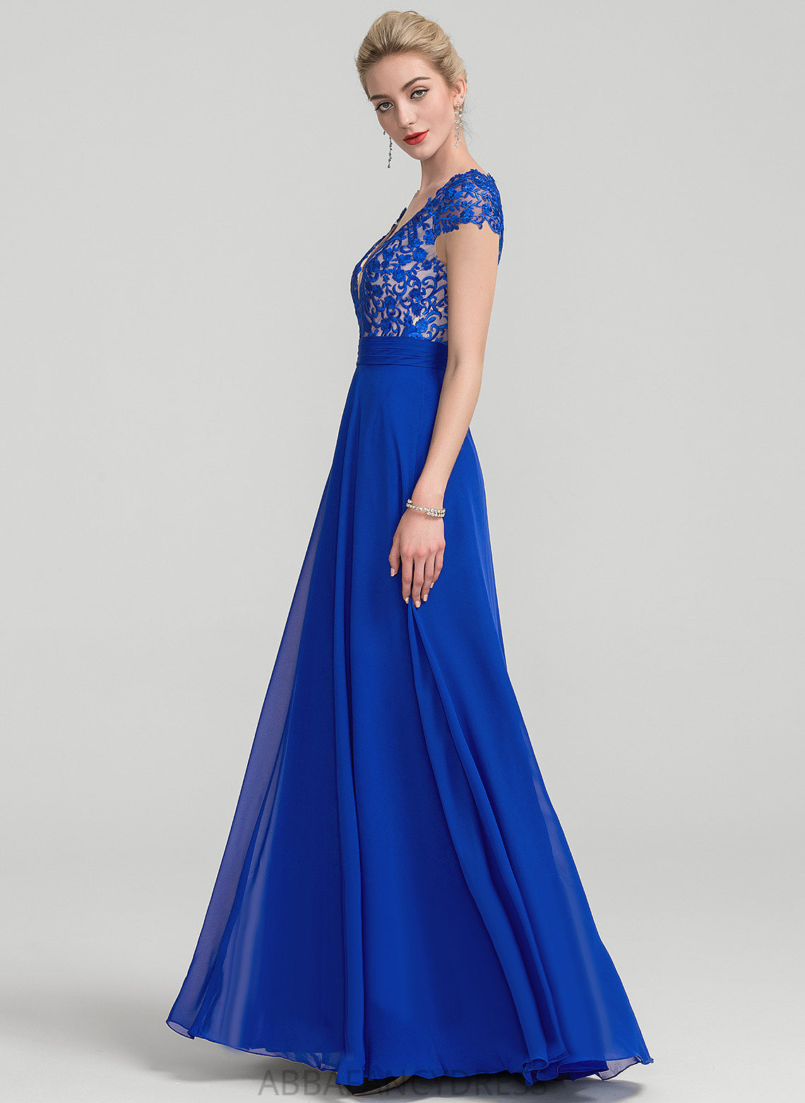 Chiffon Laci With Floor-Length V-neck Lace Prom Dresses A-Line Ruffle