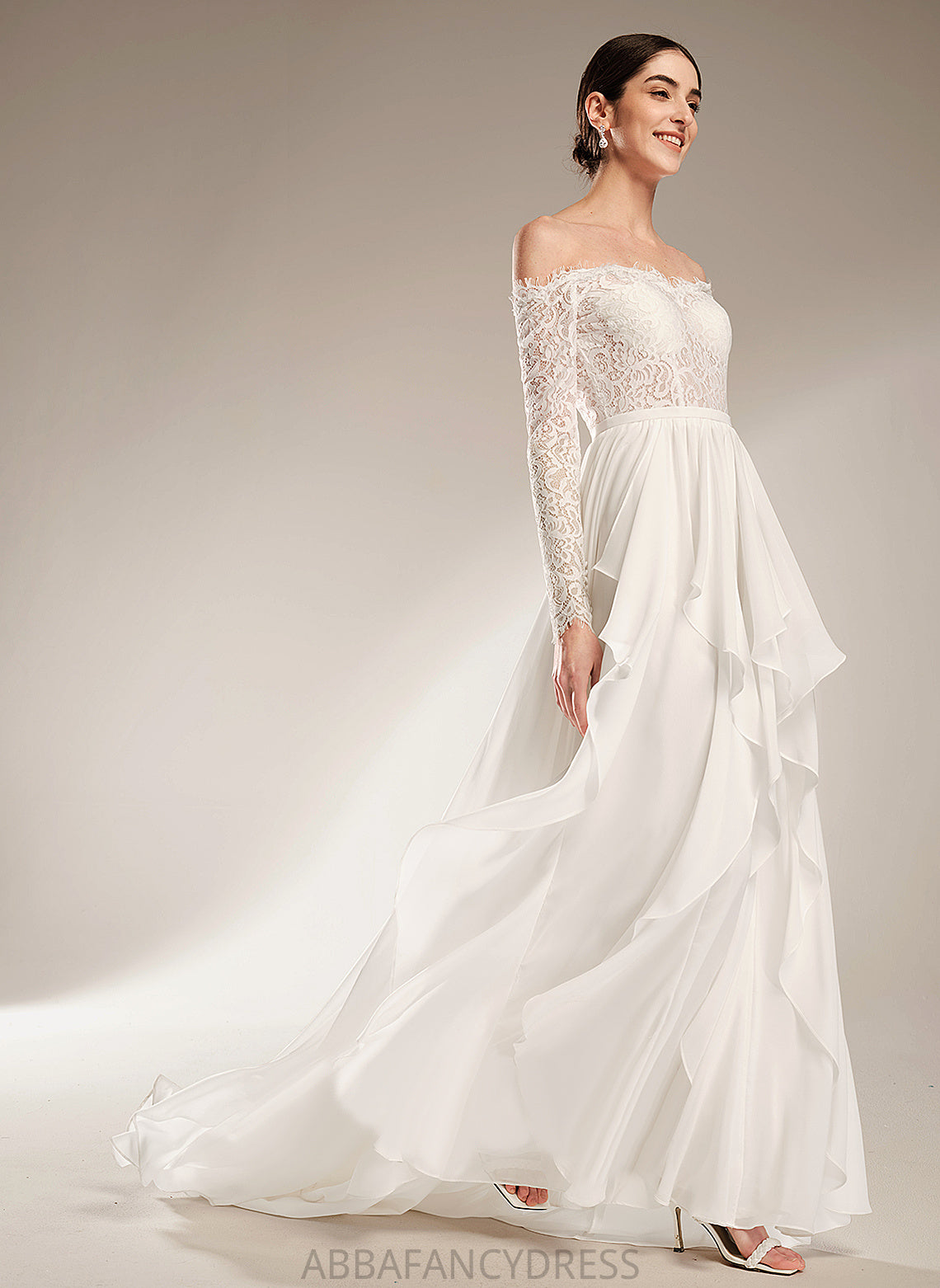 Wedding Dresses A-Line Wedding Train Chiffon Lace Nell Court Off-the-Shoulder With Dress Ruffle