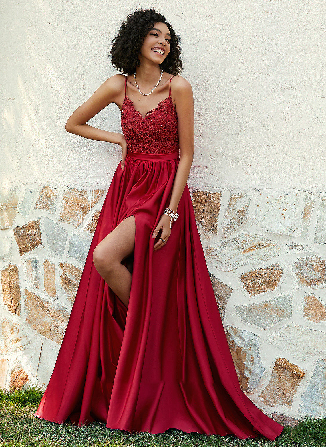 Prom Dresses Ball-Gown/Princess Satin Front Beading With Sweep Sequins Split Train V-neck Jaden