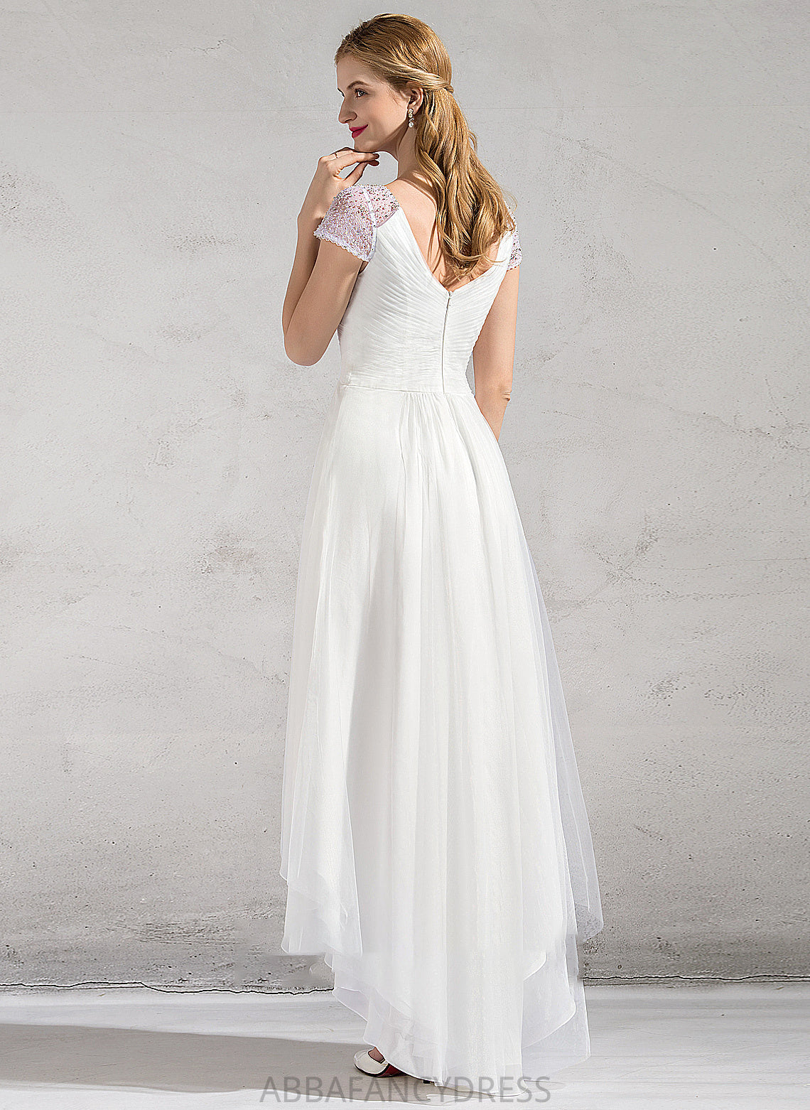 Sequins A-Line Asymmetrical Ruffle Wedding Wedding Dresses Karen Tulle Dress V-neck With Beading