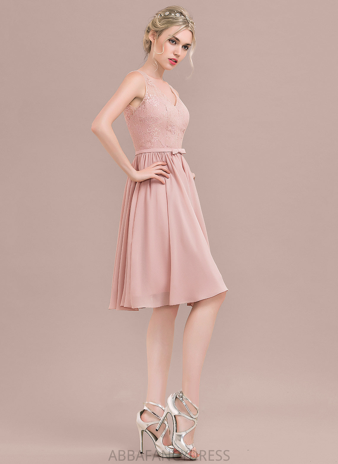 A-Line Lace Lace Knee-Length With Dress Bow(s) Homecoming Homecoming Dresses Chiffon Maia V-neck