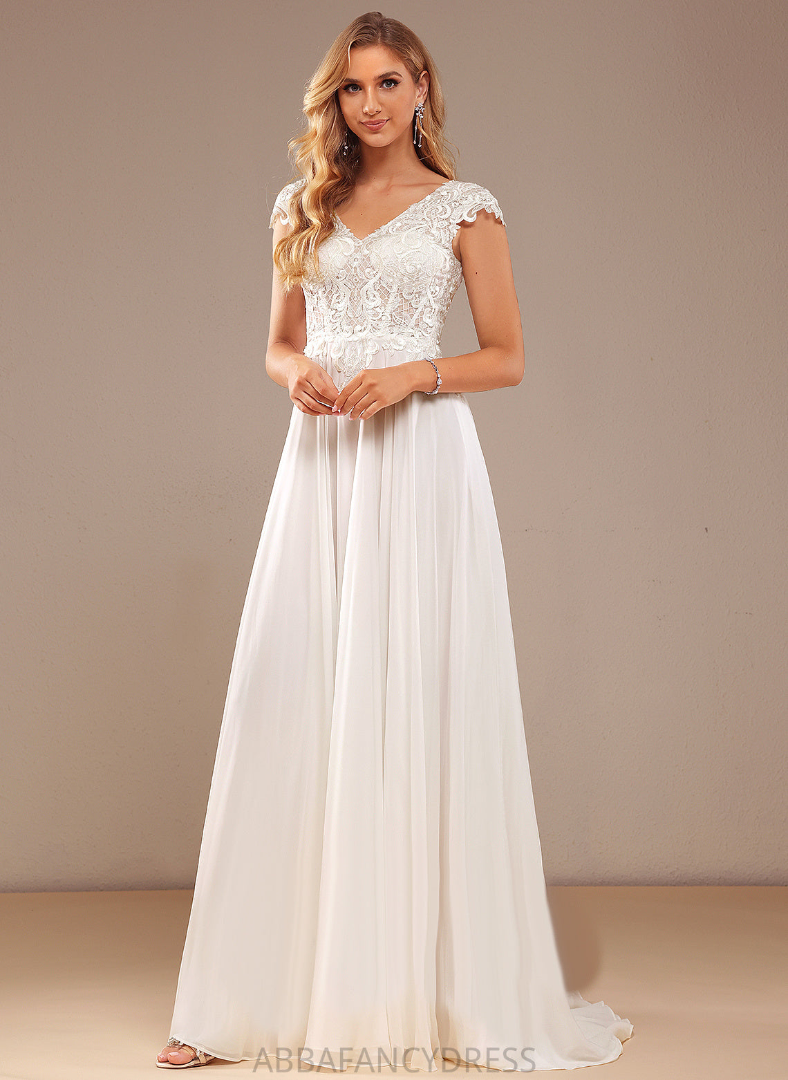 Wedding Dresses Lace Wedding Kamari With Lace V-neck Train A-Line Chiffon Dress Sweep