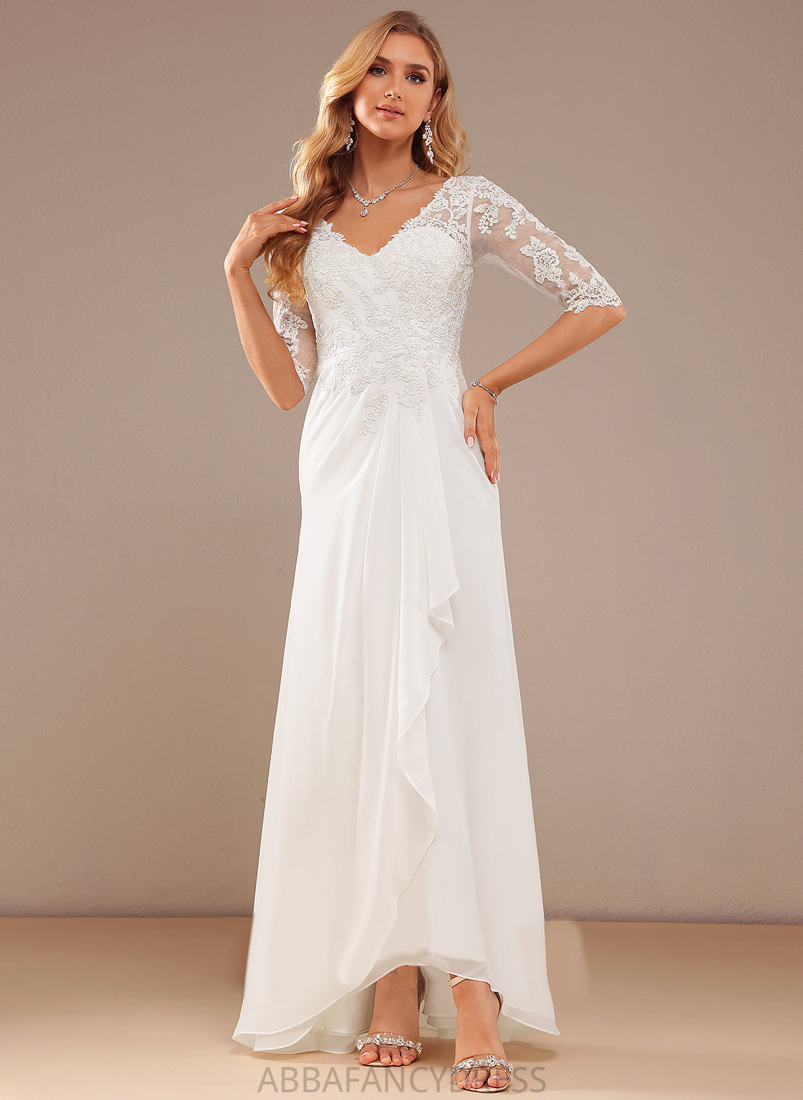 V-neck Wedding Lace Armani With Lace Ruffle Dress Asymmetrical A-Line Wedding Dresses Chiffon