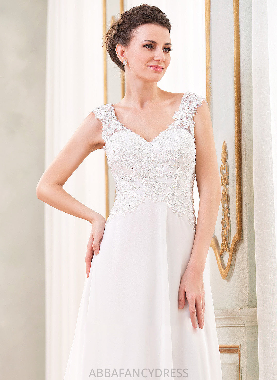 Beading Dress V-neck Chiffon Wedding A-Line Alina Wedding Dresses Sequins Train With Lace Sweep