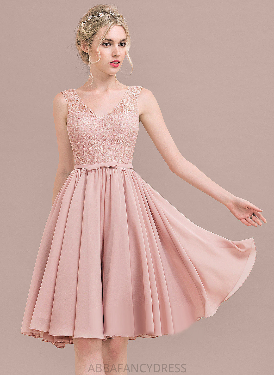 A-Line Lace Lace Knee-Length With Dress Bow(s) Homecoming Homecoming Dresses Chiffon Maia V-neck